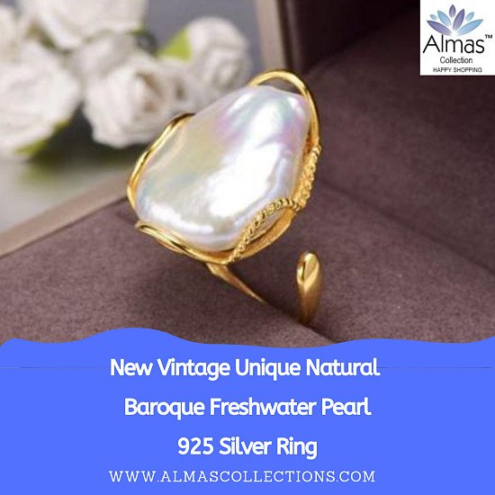 New Vintage Unique Natural Baroque Freshwater Pearl 925 Silver Ring