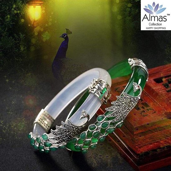 New Vintage Sterling Silver Jade Peacock Bangles Bracelets