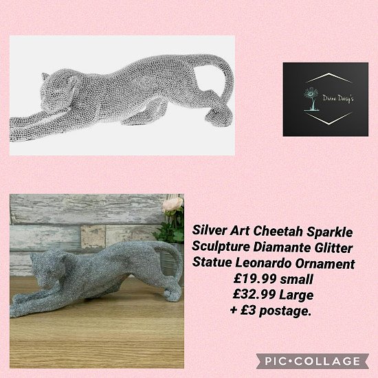 Silver Art Cheetah Sparkle Sculpture Diamante Glitter Statue Leonardo Ornament