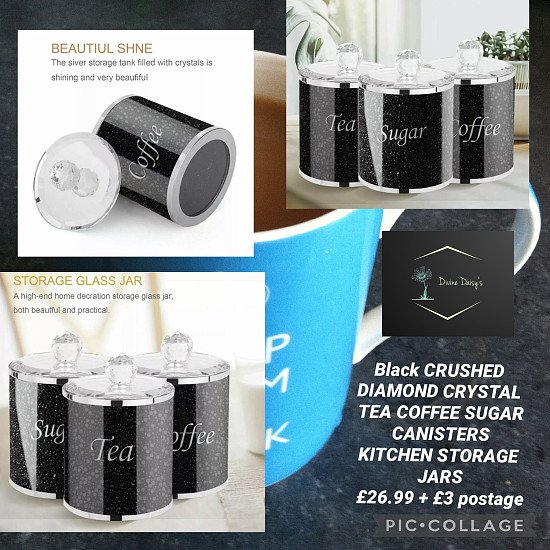 Black CRUSHED DIAMOND CRYSTAL TEA COFFEE SUGAR CANISTERS KITCHEN STORAGE JARS π₯ Β£26.99