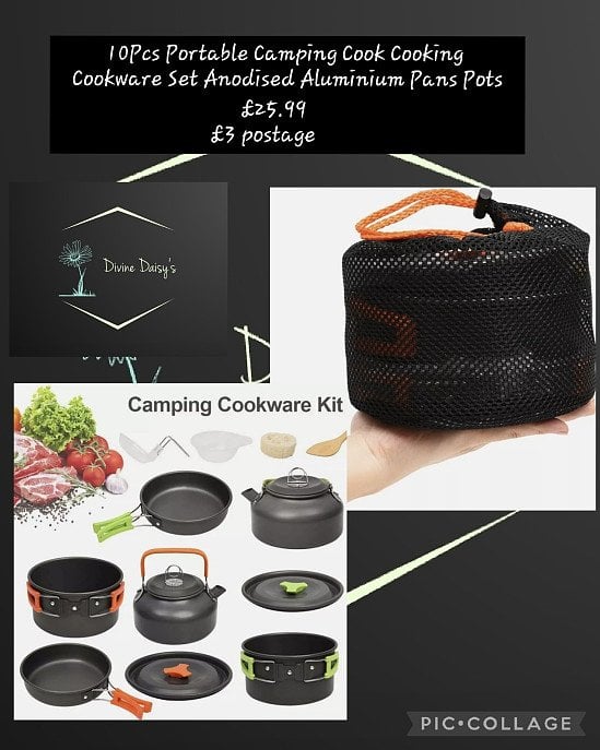 10Pcs Portable Camping Cook Cooking Cookware Set Anodised Aluminium Pans Pots 💥£25.99