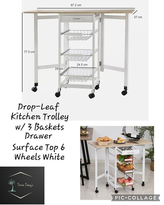 Drop-Leaf Kitchen Trolley w/ 3 Baskets Drawer Surface Top 6 Wheels White