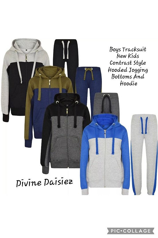 Boys Tracksuit New Kids Contrast Style Hooded Jogging Bottoms And Hoodie