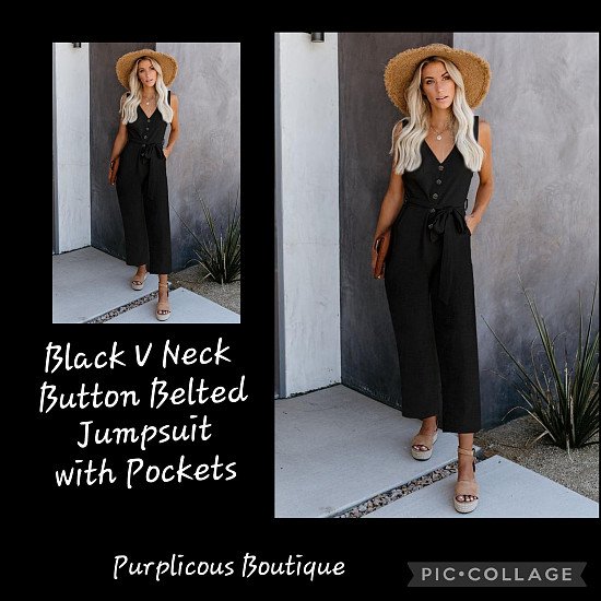 Black V Neck Button Belted Jumpsuit with Pockets