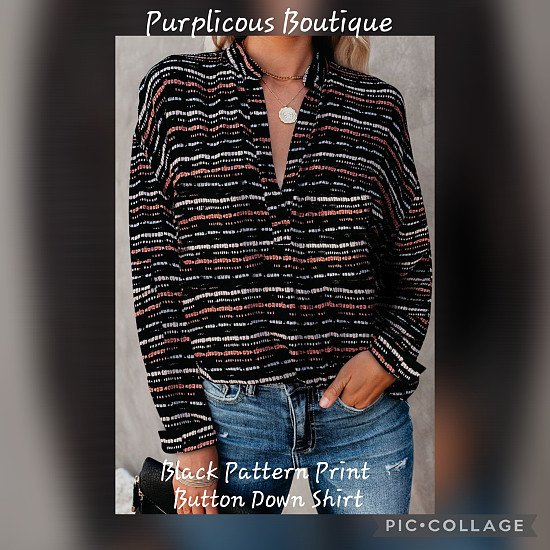 Black Pattern Print Button Down Shirt,