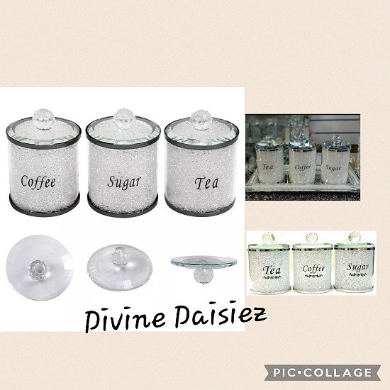 Crushed Diamond White Crystal Filled Tea Coffee Sugar Canisters Jars Kitchen