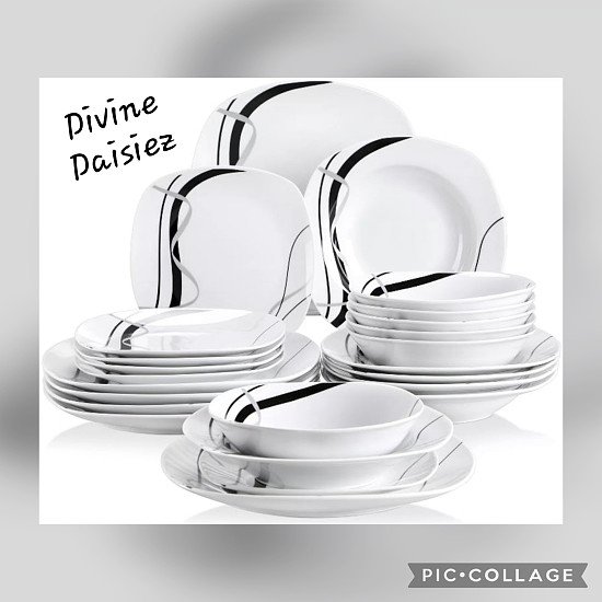 VEWEET Fiona Black Lines Porcelain Dinner Set Kitchen Dining Plates Bowls Mugs