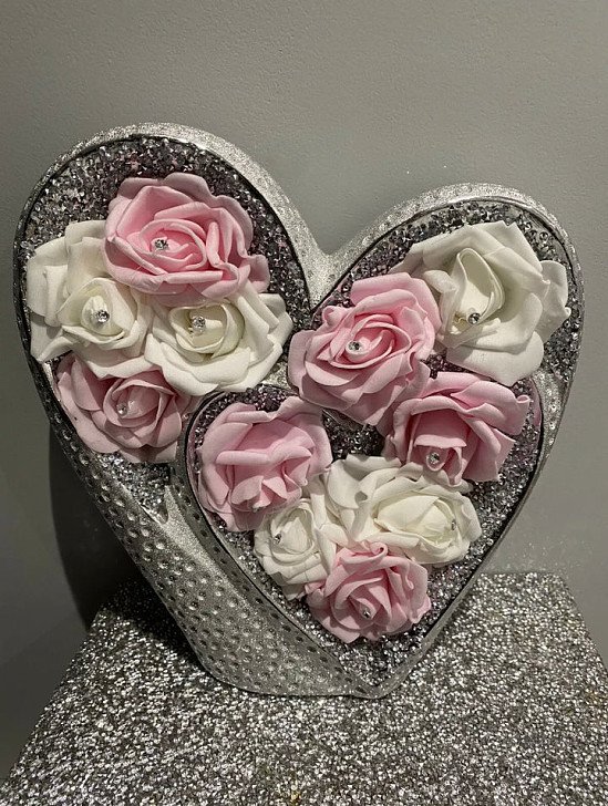SILVER DOUBLE HEART SPARKLE BLING ORNAMENT CRUSHED DIAMOND WITH ROSES