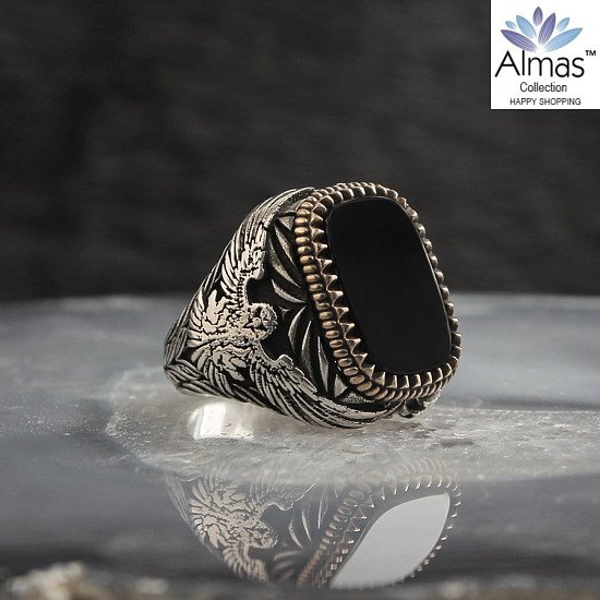 Natural Black Onyx Stone Ring for Men, Natural Black Onyx Stone Statement Rings, Vintage Retro Style