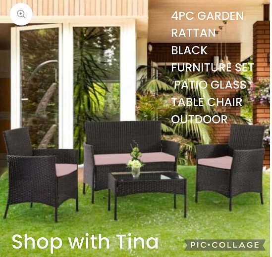 4PC GARDEN RATTAN BLACK FURNITURE SET PATIO GLASS TABLE CHAIR OUTDOOR