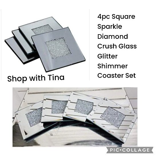 4pc Square Sparkle Diamond Crush Glass Glitter Shimmer Coaster Set