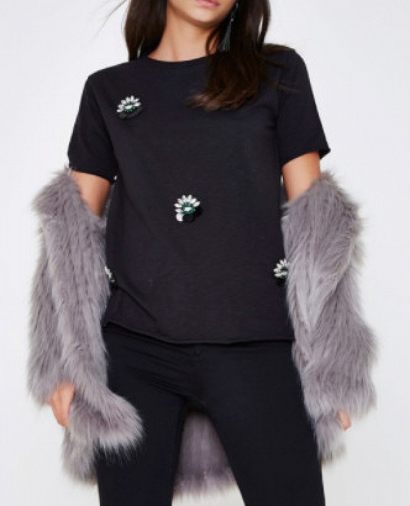 SALE - Black jewel embellished brooch T-shirt: SAVE £13.00!
