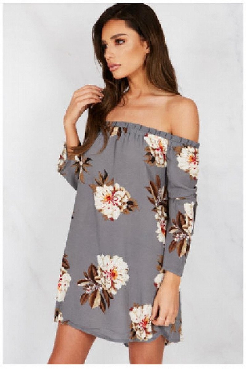 SALE: H!RN GREY FLORAL BARDOT DRESS - SAVE £10.00!